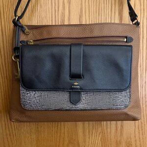 Fossil Black and Brown Leather Crossbody Bag